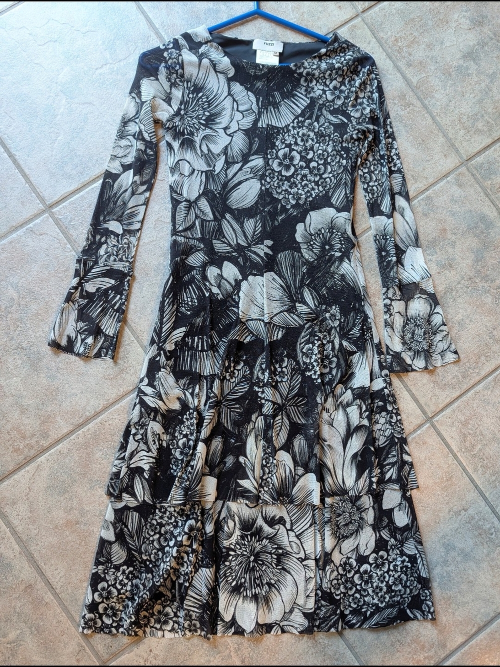 FUZZI Italy Black White Floral Botanical Tulle Mesh Tiered Dress